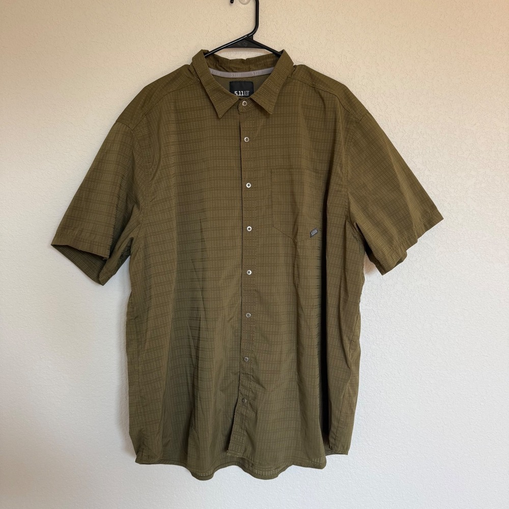5.11 Tactical Mens 2XL Olive Green Grid Pattern Short Sleeve Button Down Shirt